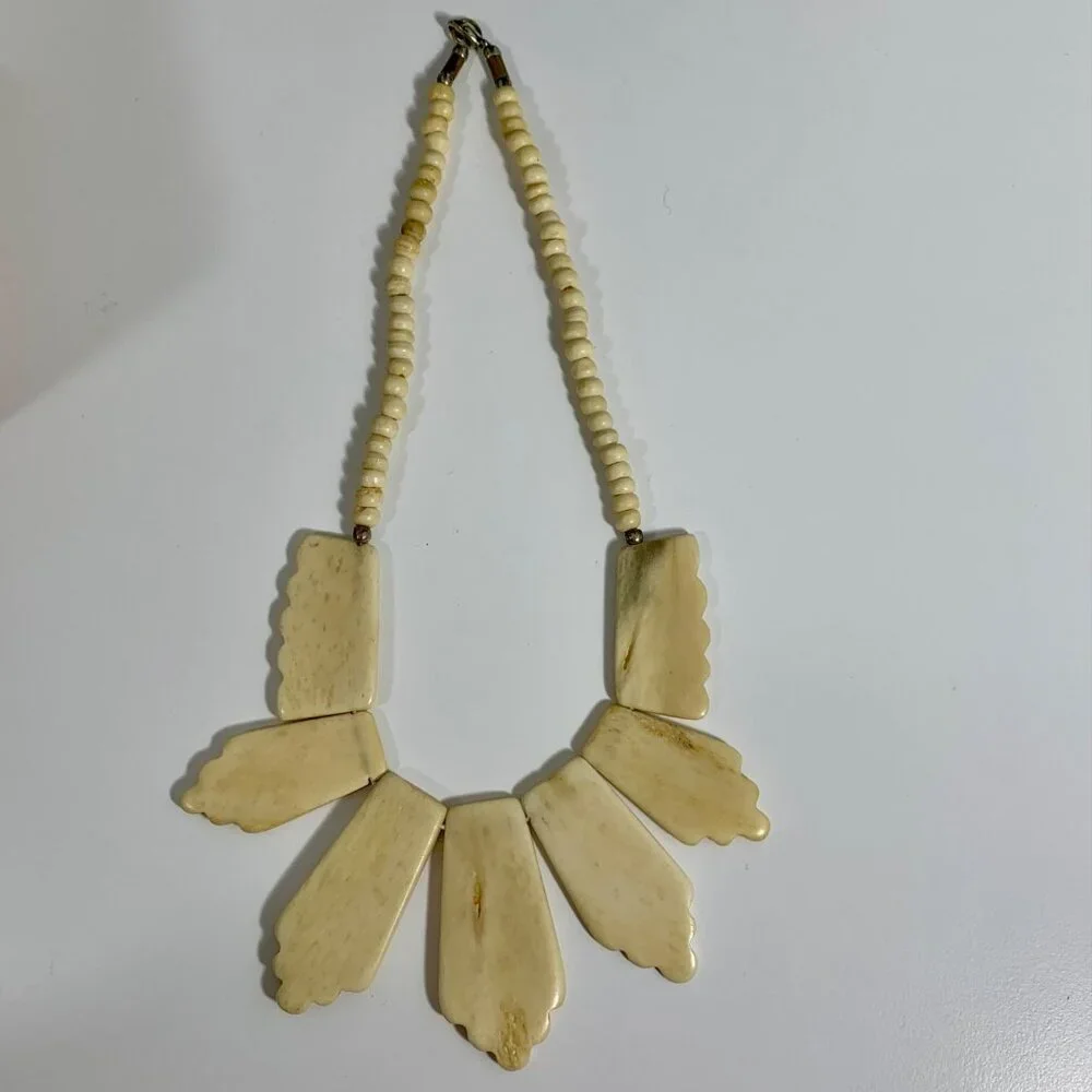 Yak Bone Nepalese Tibetan Necklace With Intricate Carved Panels & Metal Clasp
